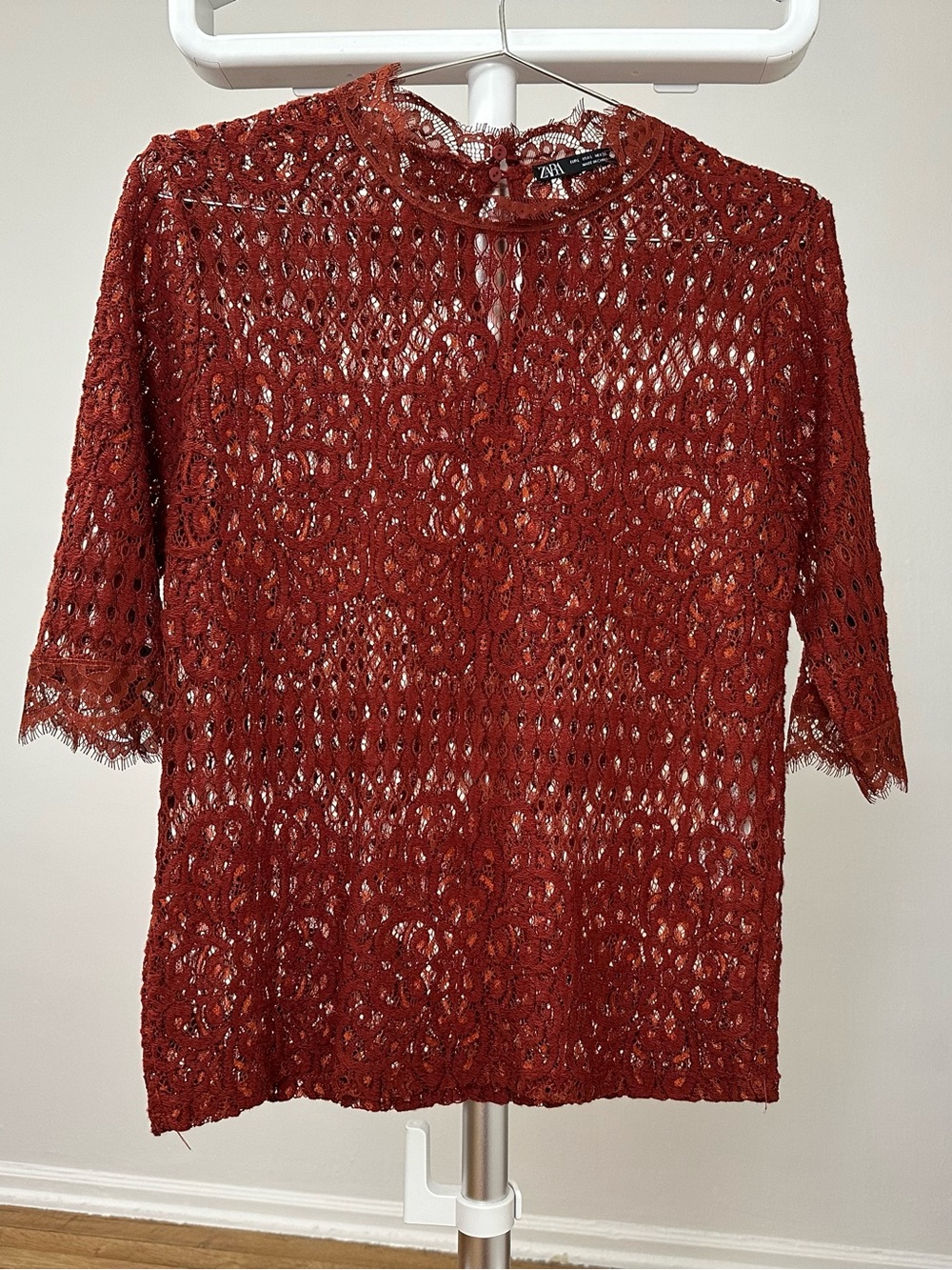 Zara Burnt Orange Crochet Lace Short Sleeve Blouse size L